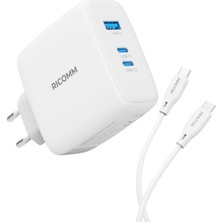 Ricomm 140W Gan 3 Portlu Usb-C + Usb-A Şarj Aleti Qc5.0 Pd3.1 Notebook Macbook Destekli Type-C Hızlı Şarj Cihazı + 2 mt Type-C Şarj Kablosu