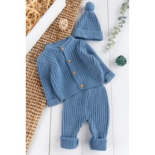 Babymod Kışlık Triko Hırkalı Bereli Bebek Takım 3 - 6 Ay İndigo Renkli Şık Tasarım