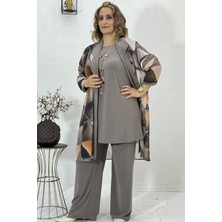 Yagmur Beren Astarsız Kruvaze Yaka Şifon Ceket Buzzy Kumaş Tunik Pantolon Büyük Beden 3lü Takım