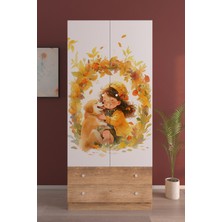 Hediyeler Kapında Çocuk Odası 2 Kapaklı Golden Friends Gardırop 5 Raflı 2 Çekmeceli Askılı Elbise Dolabı
