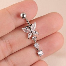 Shopiolog Cerrahi Çelik Kelebek 316 L Göbek Piercing Zirkon Taşlı Sallantılı Belly Button Model Paslanmaz