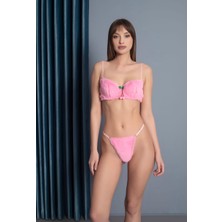 Thrill Bra Poo Puffy Pembe Peluş Model Kiraz Detaylı Pembe Balenli Peluş Sütyen Külot Takım