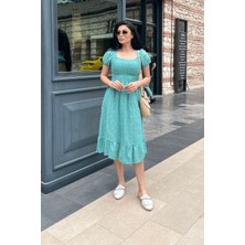 Giyimmasalı Fisto Kumaş Göğüs Lastik Büzgülü Midi Elbise - Su Yeşili