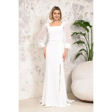 Livanomi Önü Yırtmaçlı Kare Yaka Kolları Pullu Beyaz  Abiye