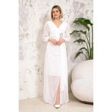 Livanomi Taş Aksesuarlı Beyaz Abiye