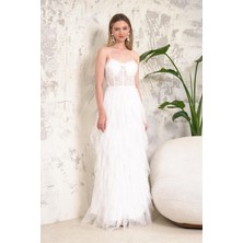 Livanomi Beyaz File Etek Detaylı Uzun Abiye Elbise