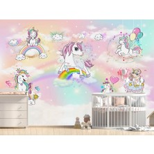 Arslan Dekor Gökkuşağı Sevimli Unicornlar Desen Çocuk Duvar Kağıdı