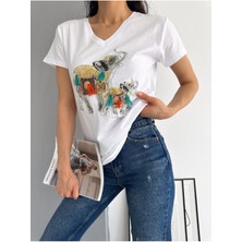 Ertul Textile Kadın Yeni Sezon %100 Pamuk Yavru Fil Desenli Işlemeli T-Shirt