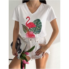 Ertul Textile Kadın Yeni Sezon %100 Pamuk Flamingo Yaprak Desenli Işlemeli T-Shirt