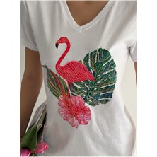 Ertul Textile Kadın Yeni Sezon %100 Pamuk Flamingo Yaprak Desenli Işlemeli T-Shirt