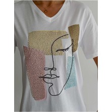 Ertul Textile Kadın Büyük Beden Yeni Sezon %100 Pamuk Yüz Işlemeli Nakışlı T-Shirt