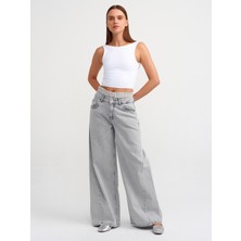 Dilvin 71498 Çizgili Boxer Detaylı Geniş Denim Pantolon-Gri