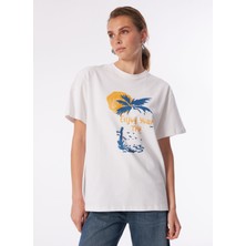 Denim Trip Bisiklet Yaka Baskılı Ekru Kadın T-Shirt DT10798