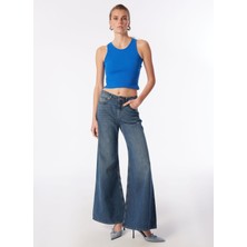 Denim Trip Yüksek Bel Geniş Paça Normal Indigo Kadın Denim Pantolon DT10523