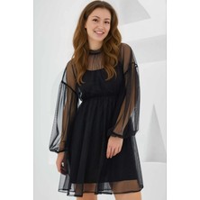 Hazelin Kadın Siyah Jüpon Iç Astarlı Tül Detaylı Mini Elbise HZL24S-BD124851