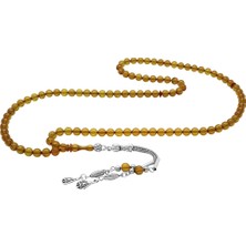 Gümüş Hediye Al Kararmaz Metal Su Damlası Püsküllü Küre Kesim Sarı Ateş Kehribar 99'luk Tesbih