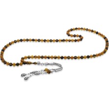 Gümüş Hediye Al Kararmaz Metal Su Damlası Püsküllü Küre Kesim Sarı-Siyah Ateş Kehribar 99'luk Tesbih