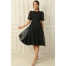 Yarım Balon Kol Astarlı Flok Baskı Kısa Abiye Elbise