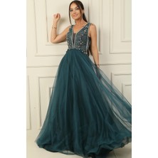 Taş ve Boncuk Işlemeli Astarlı Uzun Tül Elbise