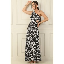 Tek Omuz Yandan Pencereli Etnik Desen Uzun Krep Saten Elbise