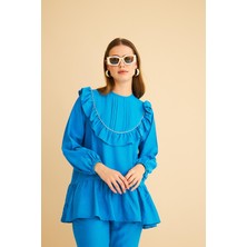 Basic Park Luxe Fırfırlı ve Taşlı Keten Mavi Tunik Pantolon Takım