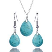 Tesbih Atölyesi Sertifikalı Damla Model Firuze Taşı Kolye ve Küpe Seti