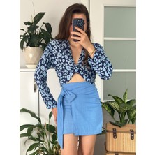 Begs Collection Desenli Önden Bağlamalı Crop Bluz