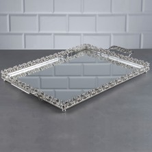Hinora Pırlanta Taşlı Dikdörtgen Büyük Söz Nişan Tepsisi Aynalı Metal Kulplu Sunumluk Çay Kahve Servis Tepsisi Gümüş