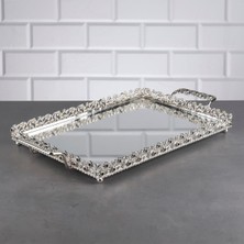 Hinora Pırlanta Taşlı Dikdörtgen Orta Tepsi Aynalı Metal Kulplu Çay Kahve Sunumluk Çikolata Tepsisi Gümüş
