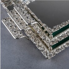 Hinora Pırlanta Taşlı Dikdörtgen Orta Tepsi Aynalı Metal Kulplu Çay Kahve Sunumluk Çikolata Tepsisi Gümüş