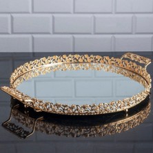 Hinora Pırlanta Taşlı Yuvarlak Büyük Tepsi Aynalı Metal Kulplu Sunumluk Kahve Servis Tepsisi Altın 35 cm