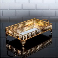Hinora Hürrem Dikdörtgen Küçük Tepsi Aynalı Metal Kulplu Sunumluk Çikolata Tepsisi Altın 40X18CM