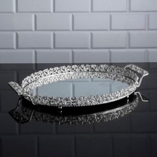 Hinora Pırlanta Taşlı Oval Orta Tepsi Aynalı Metal Kulplu Çay Kahve Sunumluk Çikolata Tepsisi Gümüş