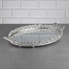 Hinora Pırlanta Taşlı Oval Orta Tepsi Aynalı Metal Kulplu Çay Kahve Sunumluk Çikolata Tepsisi Gümüş
