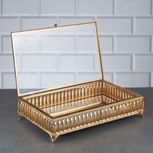 Hinora Hürrem Dikdörtgen Orta Sandık Cam Kapaklı Aynalı Çikolata ve Takı Kutusu Altın 30X18X7 cm