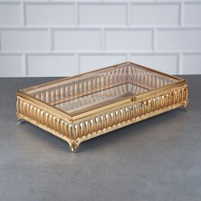 Hinora Hürrem Dikdörtgen Orta Sandık Cam Kapaklı Aynalı Çikolata ve Takı Kutusu Altın 30X18X7 cm