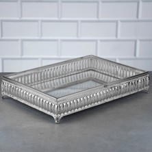 Hinora Hürrem Dikdörtgen Büyük Sandık Cam Kapaklı Aynalı Çikolata ve Takı Kutusu Gümüş 35X24X7CM