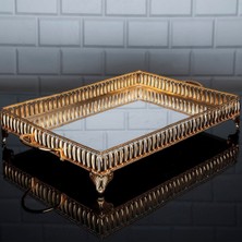Hinora Hürrem Dikdörtgen Büyük Tepsi Aynalı Metal Kulplu Sunumluk Servis Tepsisi Altın 52X27 cm