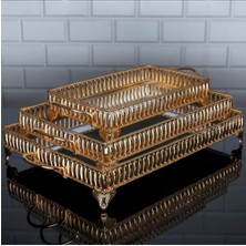 Hinora Hürrem Dikdörtgen Büyük Tepsi Aynalı Metal Kulplu Sunumluk Servis Tepsisi Altın 52X27 cm