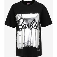 Barbie Siyah Kadın Bisiklet Yaka Relaxed Baskılı T-Shirt BRB4SL-TST6050
