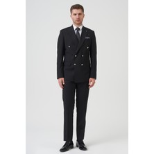 White Stone Siyah Slim Fit Kalıp Kruvaze Kapaklı Cepli Klasik Premium Takım Elbise