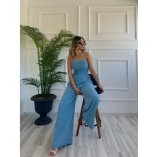 Key Moda Kadın Yıkamalı Gabardin Kumaş Straplez Bustiyer ve Pantolon Ikili Takım