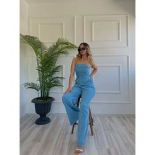 Key Moda Kadın Yıkamalı Gabardin Kumaş Straplez Bustiyer ve Pantolon Ikili Takım