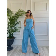 Key Moda Kadın Yıkamalı Gabardin Kumaş Straplez Bustiyer ve Pantolon Ikili Takım