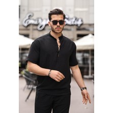 Valiberta Oversize Yarım Pat Bambu Kısa Kol Gömlek - Siyah