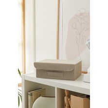 Ocean Home Textile Bej Dokulu Kapaklı Dolap Çekmece İçi Takı Çamaşır Katlanır Saklama Kutusu Sepet 30x23x11 cm