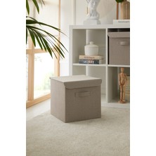 Ocean Home Textile Bej Dokulu Kapaklı Dolap İçi Çamaşır Oyuncak Düzenleyici Katlanır Saklama Kutusu 30x30x30 cm