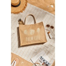 Ocean Home Textile Palm Life Baskılı Hasır Renkli Naturel Jüt Alışveriş, Omuz, Kol, Deniz Plaj Çantası 42x12x35 cm
