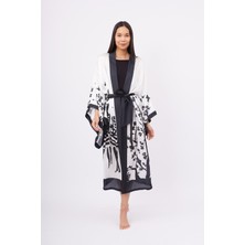 Peraluna BEACH GIRLS LONG KIMONO Baskılı Saten Kadın Uzun Kimono - Siyah/Beyaz