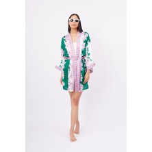Peraluna LILAC CHARM SHORT KIMONO Baskılı Saten Kadın Kısa Kimono - Yeşil/Pembe